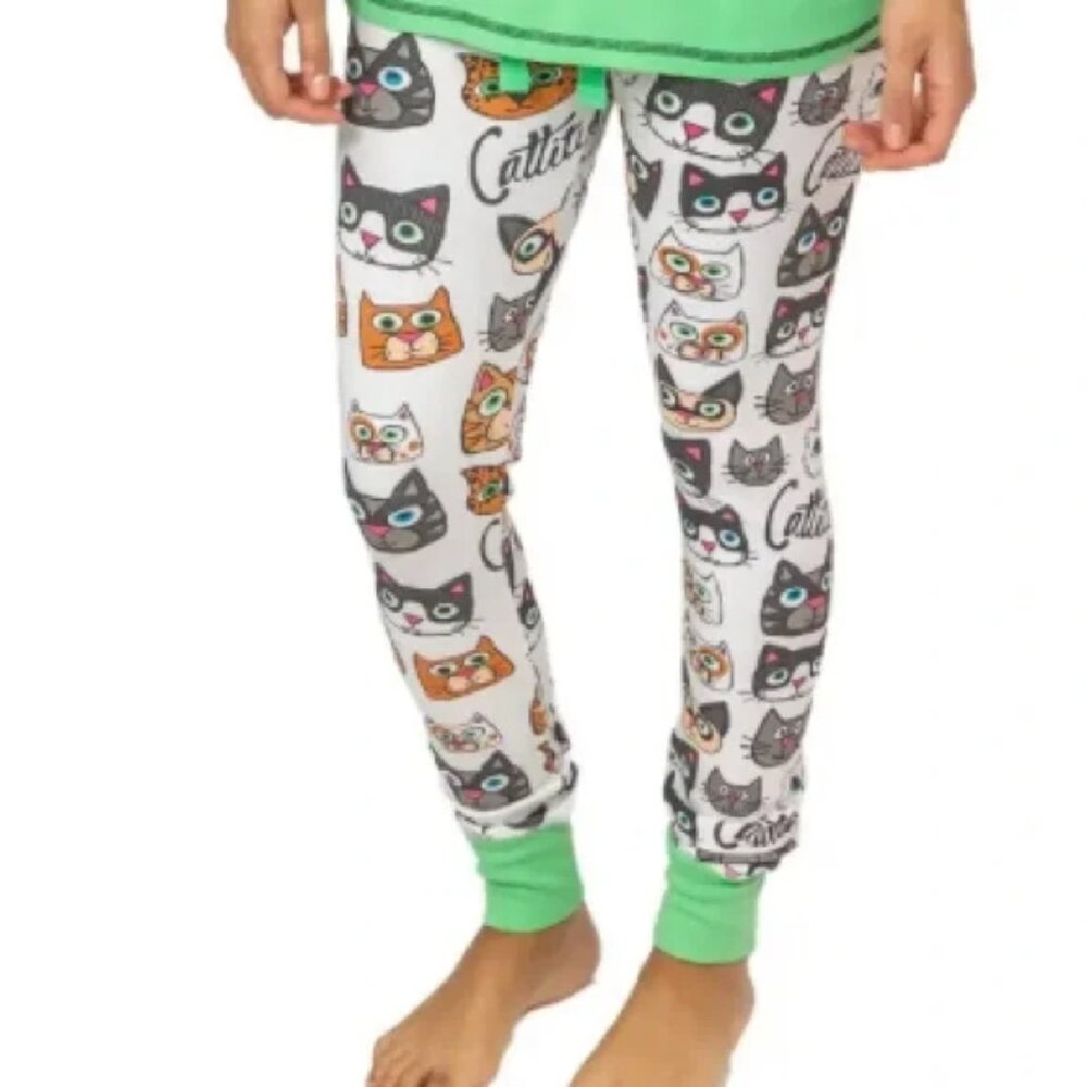Lazy One Green White Cattitude Cats Fun Pajama PJ Leggings Bottoms Pants